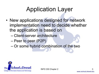 Application Layer New applications designed for network implementation need to decide whether  the application is based on  Client-server architecture Peer to peer (P2P) Or some hybrid combination of the two INFO 330 Chapter 2 