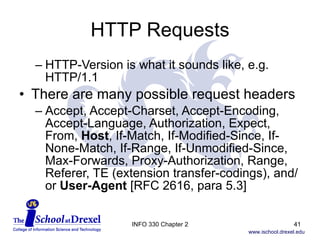 HTTP Requests HTTP-Version is what it sounds like, e.g. HTTP/1.1 There are many possible request headers Accept, Accept-Charset, Accept-Encoding, Accept-Language, Authorization, Expect, From,  Host , If-Match, If-Modified-Since, If-None-Match, If-Range, If-Unmodified-Since, Max-Forwards, Proxy-Authorization, Range, Referer, TE (extension transfer-codings), and/or  User-Agent  [RFC 2616, para 5.3] INFO 330 Chapter 2 