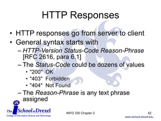 HTTP Responses HTTP responses go from server to client General syntax starts with  HTTP-Version Status-Code Reason-Phrase [RFC 2616, para 6.1] The  Status-Code  could be dozens of values "200"  OK "403"  Forbidden "404"  Not Found  The  Reason-Phrase  is any text phrase assigned INFO 330 Chapter 2 