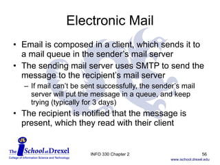 Electronic Mail Email is composed in a client, which sends it to a mail queue in the sender’s mail server  The sending mail server uses SMTP to send the message to the recipient’s mail server If mail can’t be sent successfully, the sender’s mail server will put the message in a queue, and keep trying (typically for 3 days) The recipient is notified that the message is present, which they read with their client INFO 330 Chapter 2 