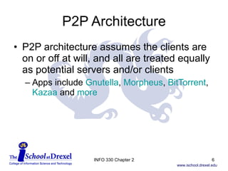P2P Architecture P2P architecture assumes the clients are on or off at will, and all are treated equally as potential servers and/or clients Apps include  Gnutella ,  Morpheus ,  BitTorrent ,  Kazaa  and  more INFO 330 Chapter 2 