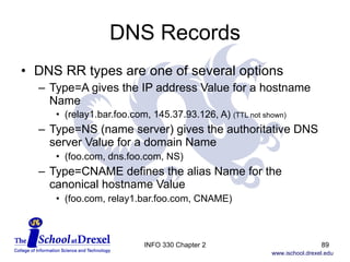 DNS Records DNS RR types are one of several options Type=A gives the IP address Value for a hostname Name (relay1.bar.foo.com, 145.37.93.126, A)  (TTL not shown) Type=NS (name server) gives the authoritative DNS server Value for a domain Name (foo.com, dns.foo.com, NS) Type=CNAME defines the alias Name for the canonical hostname Value (foo.com, relay1.bar.foo.com, CNAME) INFO 330 Chapter 2 