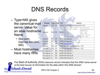 DNS Records Type=MX gives the canonical mail server Value for an alias hostname Name (foo.com, mail.bar.foo.com, MX) Most hostnames have many RRs The  Start of Authority ( SOA) resource record indicates that this DNS name server is the best source of information for the data within this DNS domain INFO 330 Chapter 2 