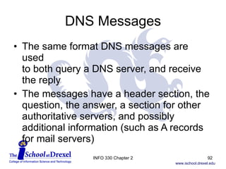 DNS Messages The same format DNS messages are used  to both query a DNS server, and receive  the reply The messages have a header section, the question, the answer, a section for other authoritative servers, and possibly  additional information (such as A records  for mail servers) INFO 330 Chapter 2 