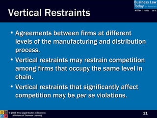 Vertical Restraints Agreements between firms at different levels of the manufacturing and distribution process. Vertical restraints may restrain competition among firms that occupy the same level in chain. Vertical restraints that significantly affect competition may be  per se  violations. 