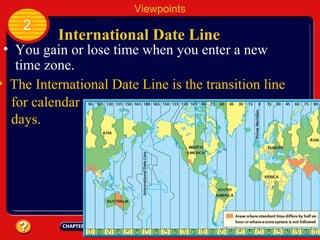International Date Line You gain or lose time when you enter a new time zone. Viewpoints 2 The International Date Line is the transition line  for calendar days. 