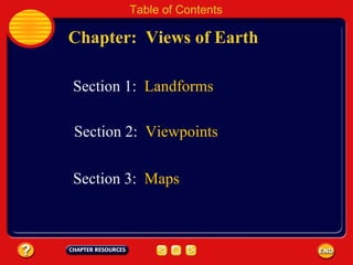 Chapter:  Views of Earth Table of Contents Section 3:  Maps Section 1:  Landforms Section 2:  Viewpoints 