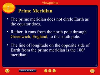 Prime Meridian The prime meridian does not circle Earth as the equator does. Viewpoints 2 Rather, it runs from the north pole through  Greenwich, England , to the south pole. The line of longitude on the opposite side of Earth from the prime meridian is the 180° meridian.   
