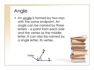 Angle An  angle  is formed by two rays with the same endpoint. An angle can be named by three letters – a point from each side and the vertex as the middle letter. It can also be named by a single letter, its vertex. 