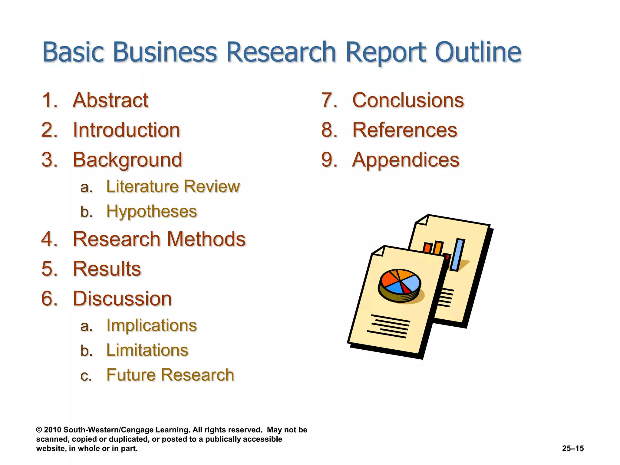 © 2010 South-Western/Cengage Learning. All rights reserved. May not be
scanned, copied or duplicated, or posted to a publically accessible
website, in whole or in part. 25–15
Basic Business Research Report Outline
1. Abstract
2. Introduction
3. Background
a. Literature Review
b. Hypotheses
4. Research Methods
5. Results
6. Discussion
a. Implications
b. Limitations
c. Future Research
7. Conclusions
8. References
9. Appendices
 