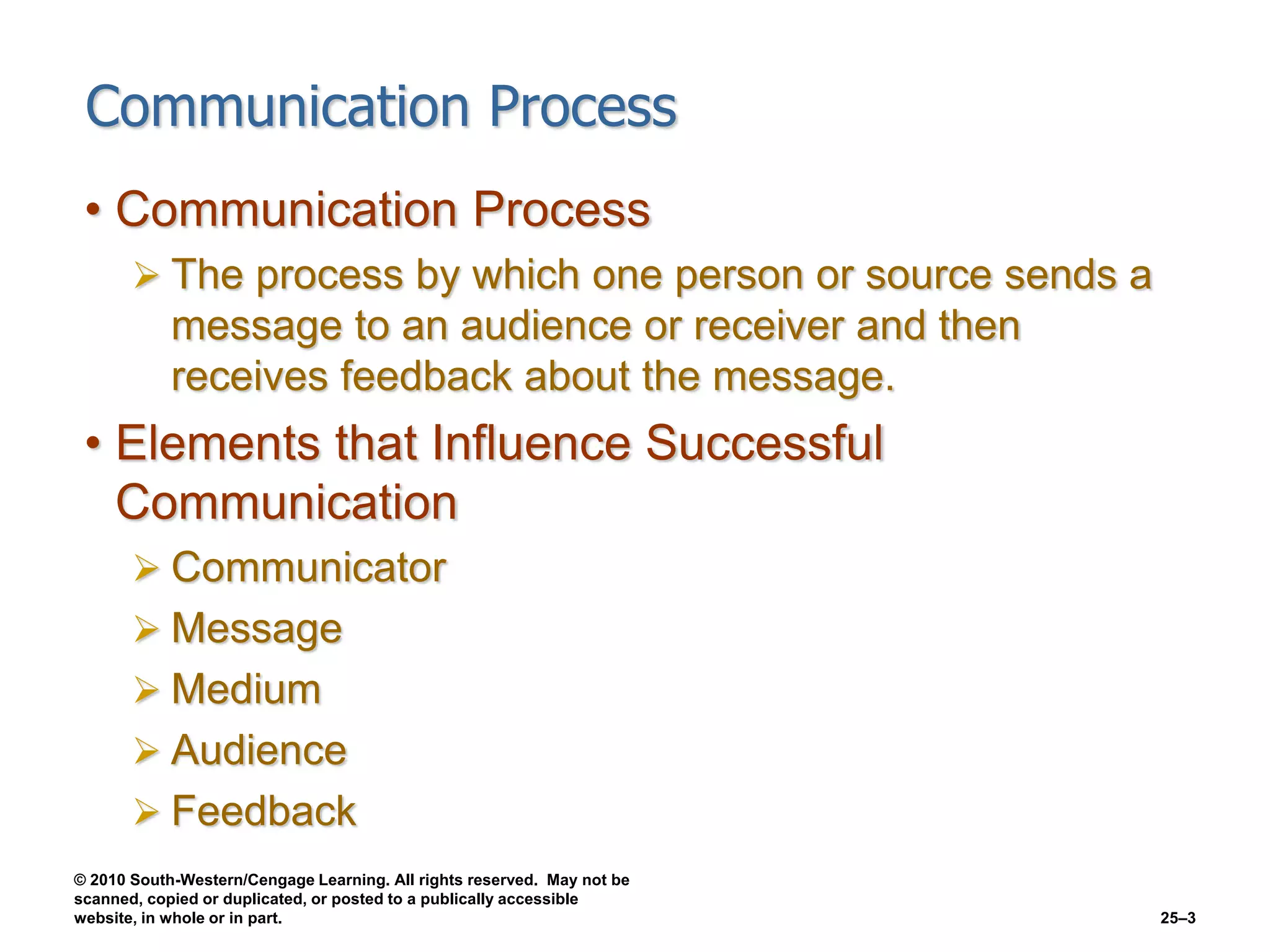 © 2010 South-Western/Cengage Learning. All rights reserved. May not be
scanned, copied or duplicated, or posted to a publically accessible
website, in whole or in part. 25–3
Communication Process
• Communication Process
 The process by which one person or source sends a
message to an audience or receiver and then
receives feedback about the message.
• Elements that Influence Successful
Communication
 Communicator
 Message
 Medium
 Audience
 Feedback
 