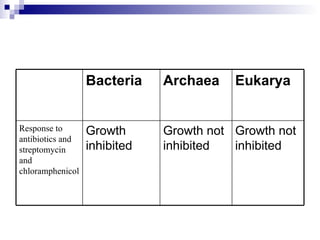 Growth not inhibited Growth not inhibited Growth inhibited Response to antibiotics and streptomycin and chloramphenicol Eukarya Archaea Bacteria 