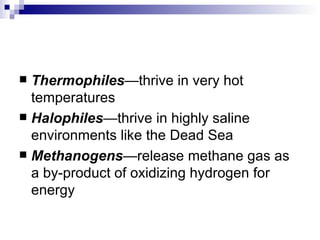 Thermophiles —thrive in very hot temperatures Halophiles —thrive in highly saline environments like the Dead Sea Methanogens —release methane gas as a by-product of oxidizing hydrogen for energy 