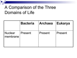 A Comparison of the Three Domains of Life Present Present Present Nuclear membrane Eukarya Archaea Bacteria 