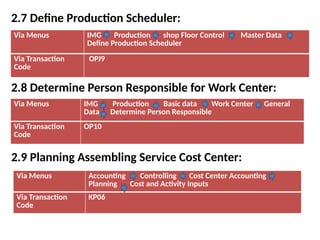 2.7 Define Production Scheduler:
2.8 Determine Person Responsible for Work Center:
2.9 Planning Assembling Service Cost Center:
Via Menus IMG Production shop Floor Control Master Data
Define Production Scheduler
Via Transaction
Code
OPJ9
Via Menus IMG Production Basic data Work Center General
Data Determine Person Responsible
Via Transaction
Code
OP10
Via Menus Accounting Controlling Cost Center Accounting
Planning Cost and Activity Inputs
Via Transaction
Code
KP06
 