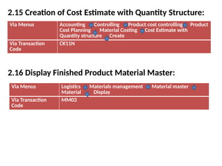 2.15 Creation of Cost Estimate with Quantity Structure:
2.16 Display Finished Product Material Master:
Via Menus Accounting Controlling Product cost controlling Product
Cost Planning Material Costing Cost Estimate with
Quantity structure Create
Via Transaction
Code
CK11N
Via Menus Logistics Materials management Material master
Material Display
Via Transaction
Code
MM03
 