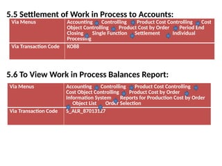 5.5 Settlement of Work in Process to Accounts:
5.6 To View Work in Process Balances Report:
Via Menus Accounting Controlling Product Cost Controlling Cost
Object Controlling Product Cost by Order Period End
Closing Single Function Settlement Individual
Processing
Via Transaction Code KO88
Via Menus Accounting Controlling Product Cost Controlling
Cost Object Controlling Product Cost by Order
Information System Reports for Production Cost by Order
Object List Order Selection
Via Transaction Code S_ALR_87013127
 