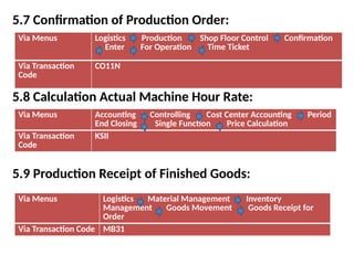 5.7 Confirmation of Production Order:
5.8 Calculation Actual Machine Hour Rate:
5.9 Production Receipt of Finished Goods:
Via Menus Logistics Production Shop Floor Control Confirmation
Enter For Operation Time Ticket
Via Transaction
Code
CO11N
Via Menus Accounting Controlling Cost Center Accounting Period
End Closing Single Function Price Calculation
Via Transaction
Code
KSII
Via Menus Logistics Material Management Inventory
Management Goods Movement Goods Receipt for
Order
Via Transaction Code MB31
 