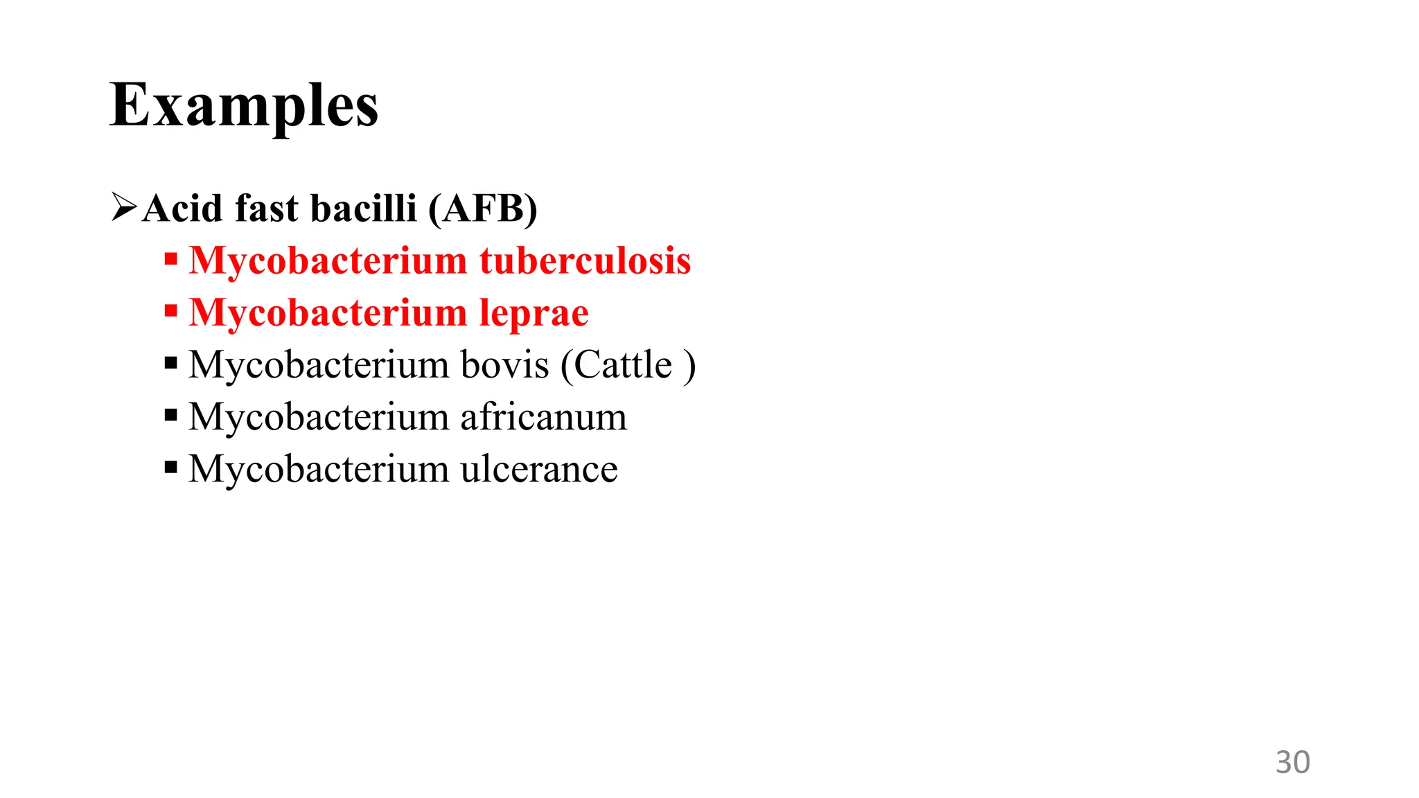 Examples
Acid fast bacilli (AFB)
 Mycobacterium tuberculosis
 Mycobacterium leprae
 Mycobacterium bovis (Cattle )
 Mycobacterium africanum
 Mycobacterium ulcerance
30
 