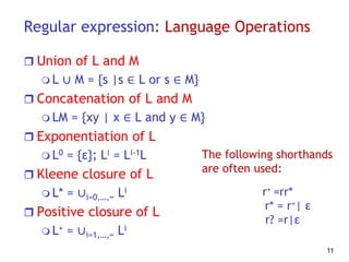 Regular expression: Language Operations
 Union of L and M
 L ∪ M = {s |s ∈ L or s ∈ M}
 Concatenation of L and M
 LM = {xy | x ∈ L and y ∈ M}
 Exponentiation of L
 L0 = {ε}; Li = Li-1L
 Kleene closure of L
 L* = ∪i=0,…,∞ Li
 Positive closure of L
 L+ = ∪i=1,…,∞ Li
11
The following shorthands
are often used:
r+ =rr*
r* = r+| ε
r? =r|ε
 