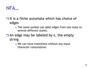 NFA…
 It is a finite automata which has choice of
edges
• The same symbol can label edges from one state to
several different states.
 An edge may be labeled by ε, the empty
string
• We can have transitions without any input
character consumption.
27
 