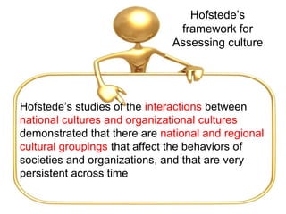 Hofstede’s
framework for
Assessing culture
Hofstede’s studies of the interactions between
national cultures and organizational cultures
demonstrated that there are national and regional
cultural groupings that affect the behaviors of
societies and organizations, and that are very
persistent across time
 