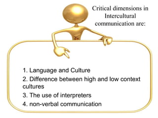 Critical dimensions in
Intercultural
communication are:
1. Language and Culture
2. Difference between high and low context
cultures
3. The use of interpreters
4. non-verbal communication
 