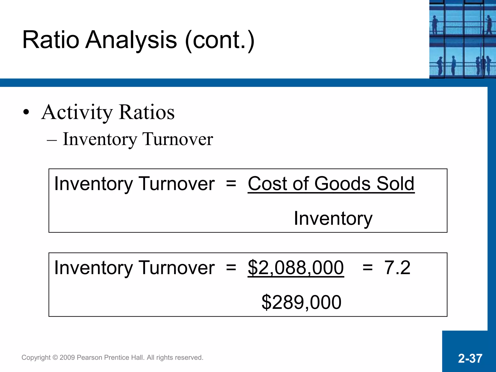 Copyright © 2009 Pearson Prentice Hall. All rights reserved. 2-37
Inventory Turnover = Cost of Goods Sold
Inventory
Inventory Turnover = $2,088,000 = 7.2
$289,000
Ratio Analysis (cont.)
• Activity Ratios
– Inventory Turnover
 
