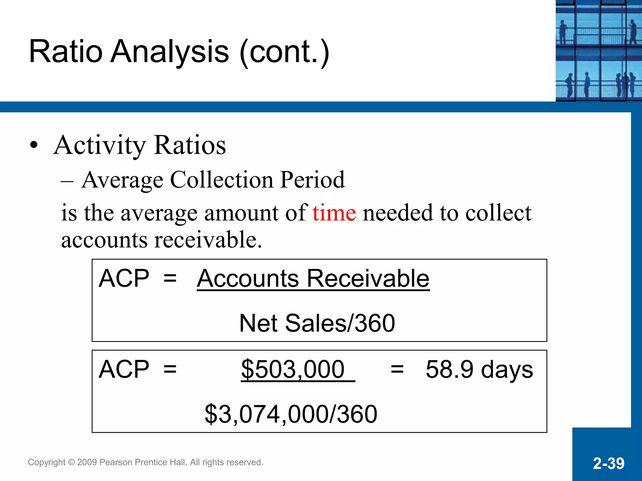 Copyright © 2009 Pearson Prentice Hall. All rights reserved. 2-39
ACP = Accounts Receivable
Net Sales/360
ACP = $503,000 = 58.9 days
$3,074,000/360
Ratio Analysis (cont.)
• Activity Ratios
– Average Collection Period
is the average amount of time needed to collect
accounts receivable.
 