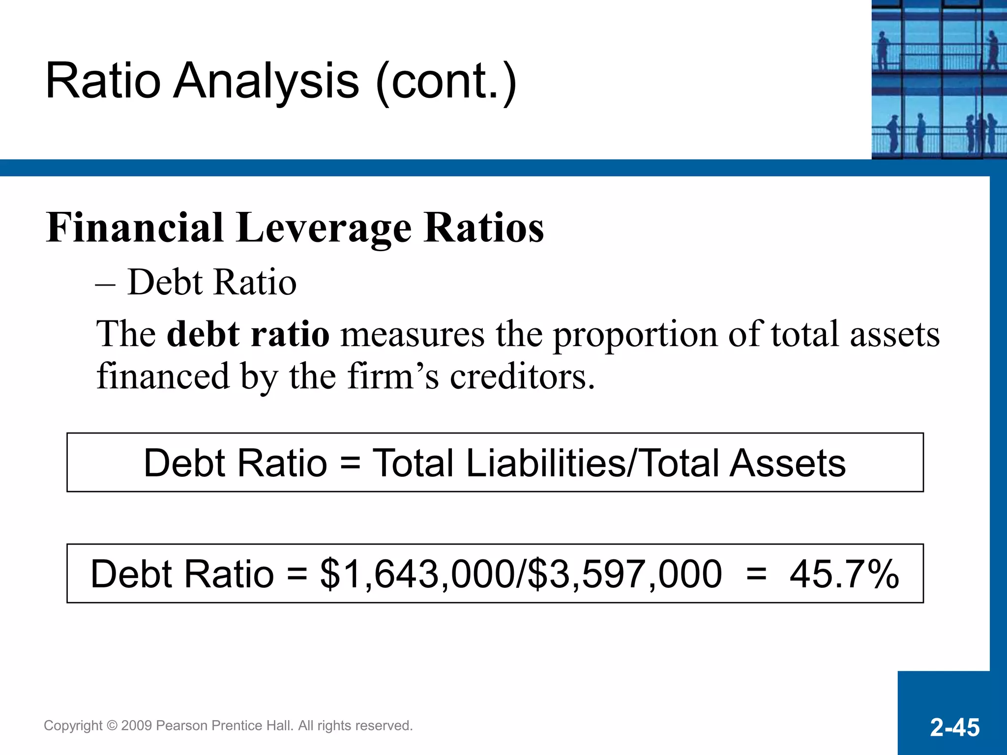 Copyright © 2009 Pearson Prentice Hall. All rights reserved. 2-45
Debt Ratio = Total Liabilities/Total Assets
Debt Ratio = $1,643,000/$3,597,000 = 45.7%
Ratio Analysis (cont.)
Financial Leverage Ratios
– Debt Ratio
The debt ratio measures the proportion of total assets
financed by the firm’s creditors.
 