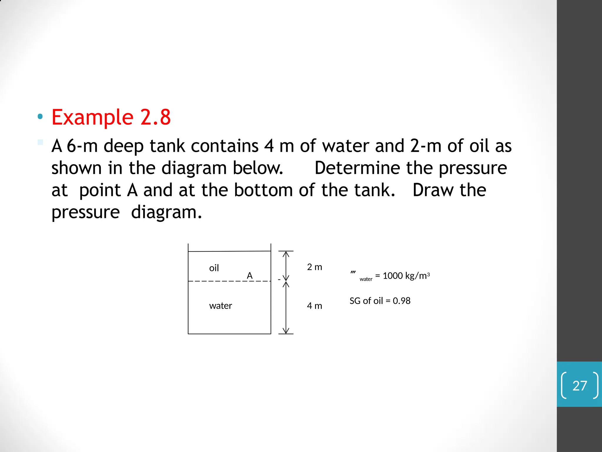 • Example 2.8
 A 6-m deep tank contains 4 m of water and 2-m of oil as
shown in the diagram below. Determine the pressure
at point A and at the bottom of the tank. Draw the
pressure diagram.
A
oil
water
2 m
4 m
water = 1000 kg/m3
SG of oil = 0.98
27
 