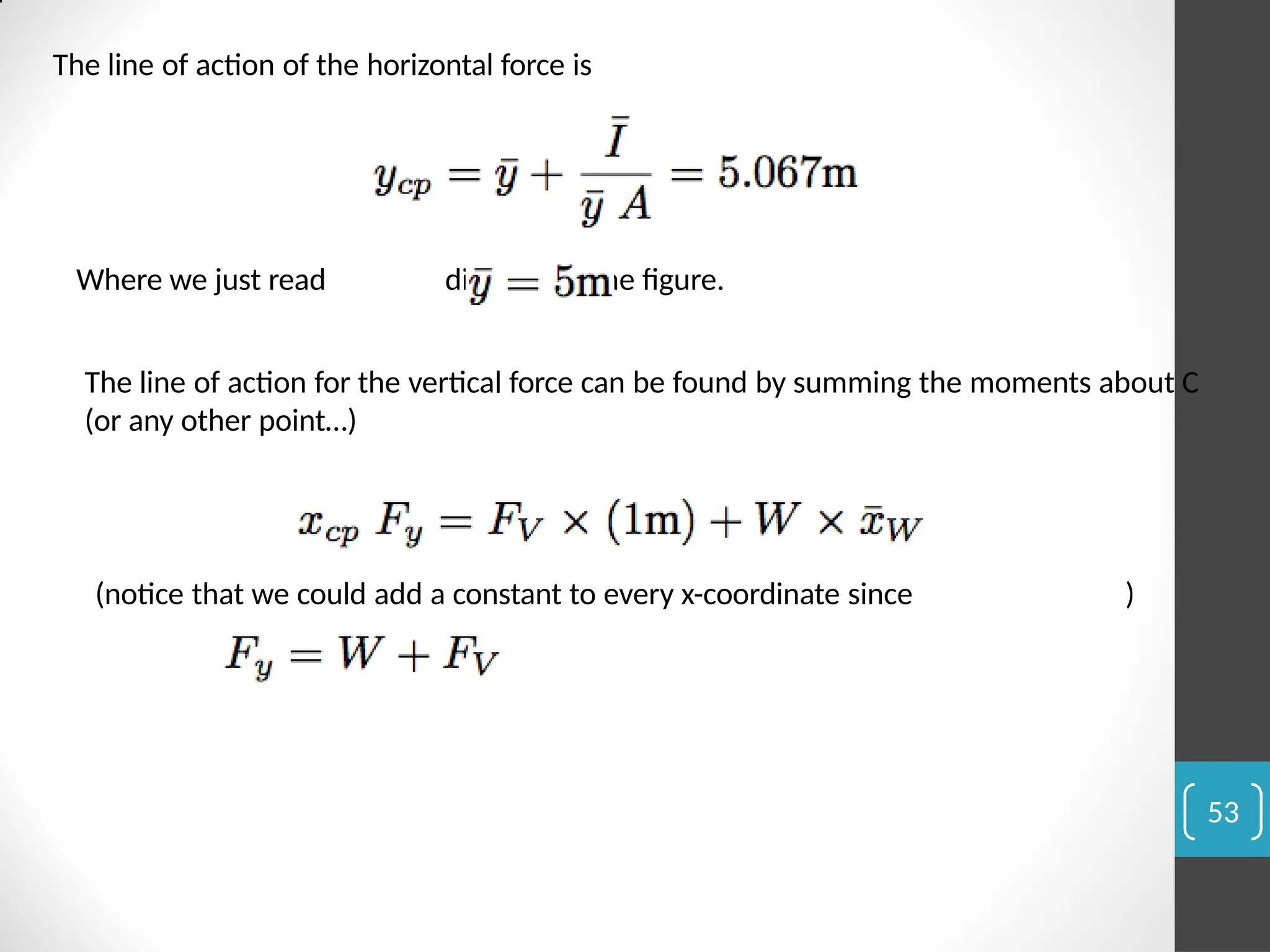 The line of action of the horizontal force is
Where we just read directly off the figure.
The line of action for the vertical force can be found by summing the moments about C
(or any other point…)
(notice that we could add a constant to every x-coordinate since )
53
 