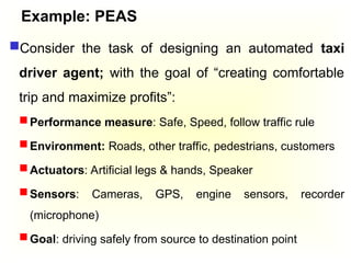 Example: PEAS
Consider the task of designing an automated taxi
driver agent; with the goal of “creating comfortable
trip and maximize profits”:
 Performance measure: Safe, Speed, follow traffic rule
 Environment: Roads, other traffic, pedestrians, customers
 Actuators: Artificial legs & hands, Speaker
 Sensors: Cameras, GPS, engine sensors, recorder
(microphone)
 Goal: driving safely from source to destination point
 