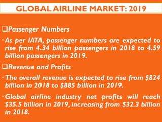 GLOBAL AIRLINE MARKET: 2019
Passenger Numbers
As per IATA, passenger numbers are expected to
rise from 4.34 billion passengers in 2018 to 4.59
billion passengers in 2019.
Revenue and Profits
The overall revenue is expected to rise from $824
billion in 2018 to $885 billion in 2019.
Global airline industry net profits will reach
$35.5 billion in 2019, increasing from $32.3 billion
in 2018.
 