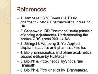 References
 1. Jamhekar, S.S, Breen P.J. Basic
pharmacokinetcs. Pharmaceutical pressInc.,
UK
 2. Schoewald, RD Pharmacokinetic principle
of dosing adjustments. Understanding the
basics. CRC press 2001. USA
 3. Shargel L Wu-pong S, Yu, Applied
biopharmaceutics and pharmacokinetics
 4. Bio pharmaceutics and pharmacokinetics
second edition by PL Madan
 5. Bio.Ph & P’cokinetics byShoba rani
Hiremath
 6. Bio.Ph & P’co kinetics by Brahmankar.
 