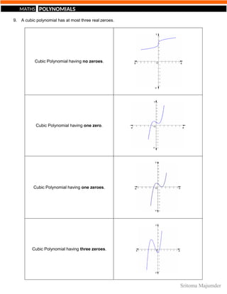 POLYNOMIALS
MATHS
9. A cubic polynomial has at most three real zeroes.
Cubic Polynomial having no zeroes.
Cubic Polynomial having one zero.
Cubic Polynomial having one zeroes.
Cubic Polynomial having three zeroes.
 