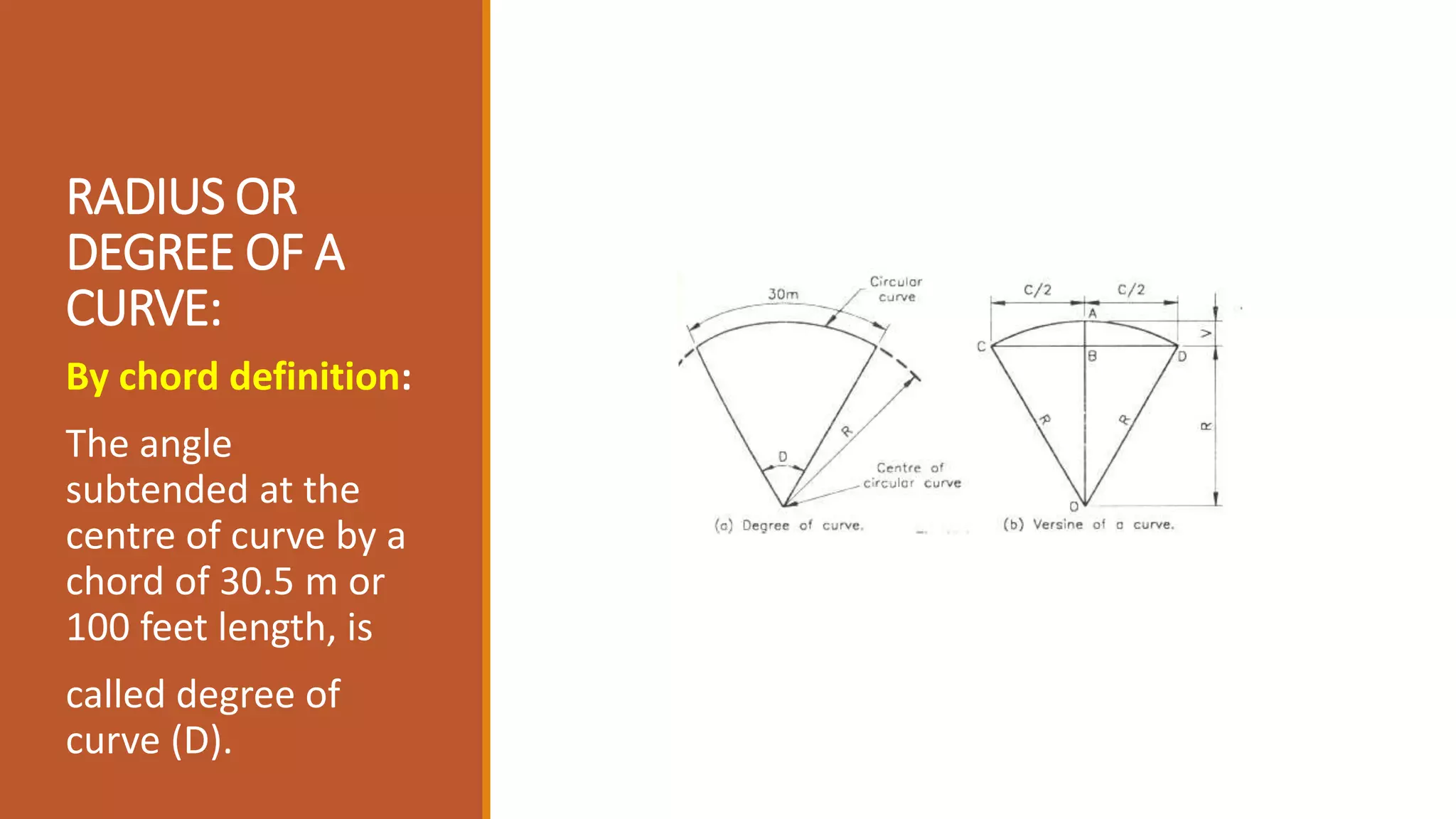 RADIUS OR
DEGREE OF A
CURVE:
By chord definition:
The angle
subtended at the
centre of curve by a
chord of 30.5 m or
100 feet length, is
called degree of
curve (D).
 