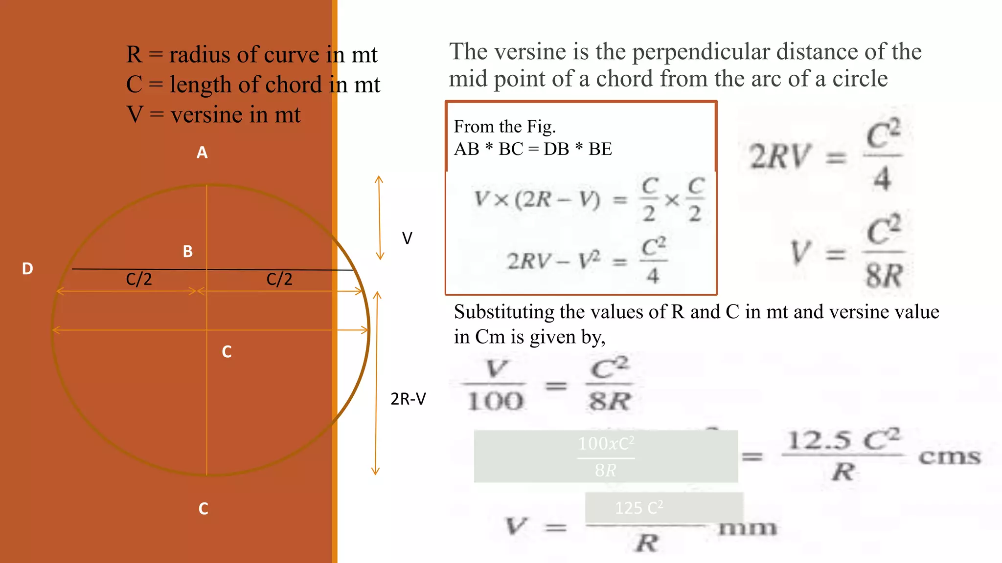 The versine is the perpendicular distance of the
mid point of a chord from the arc of a circle
C/2 C/2
V
2R-V
A
D E
C
B
C
From the Fig.
AB * BC = DB * BE
R = radius of curve in mt
C = length of chord in mt
V = versine in mt
Substituting the values of R and C in mt and versine value
in Cm is given by,
125 C2
100𝑥C2
8𝑅
 