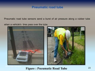 Pneumatic road tube
Pneumatic road tube sensors send a burst of air pressure along a rubber tube
when a vehicle's tires pass over the tube.
Figure : Pneumatic Road Tube 23
BITS Edu Campus Prof. Ankit Patel
 