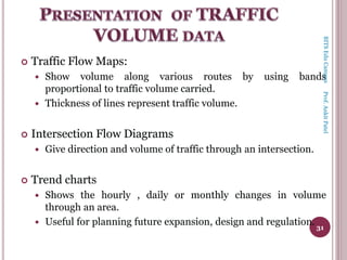  Traffic Flow Maps:
 Show volume along various routes by using bands
proportional to traffic volume carried.
 Thickness of lines represent traffic volume.
 Intersection Flow Diagrams
 Give direction and volume of traffic through an intersection.
 Trend charts
 Shows the hourly , daily or monthly changes in volume
through an area.
 Useful for planning future expansion, design and regulation. 31
BITSEduCampusProf.AnkitPatel
 