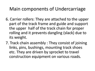 Main components of Undercarriage
6. Carrier rollers: They are attached to the upper
part of the track frame and guide and support
the upper half of the track chain for proper
rolling and it prevents dangling (slack) due to
its weight.
7. Track chain assembly : They consist of joining
links, pins, bushings, mounting track shoes
etc. They are driven by sprocket to travel
construction equipment on various roads.
 