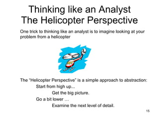 Thinking like an Analyst The Helicopter Perspective The “Helicopter Perspective” is a simple approach to abstraction:  Start from high up... Get the big picture. Go a bit lower … Examine the next level of detail.   One trick to thinking like an analyst is to imagine looking at your problem from a helicopter 