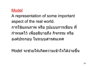 Model A representation of some important  aspect of the real world. การใช้แผนภาพ หรือ รูปแบบการเขียน ที่ กำหนดไว้   เพื่ออธิบายถึง กิจกรรม หรือ  องค์ประกอบ ในระบบสารสนเทศ Model   จะช่วยให้เกิดความเข้าใจได้ง่ายขึ้น 