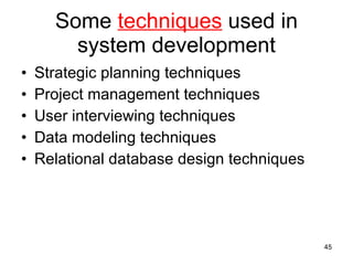 Some  techniques  used in system development Strategic planning techniques Project management techniques User interviewing techniques Data modeling techniques Relational database design techniques 