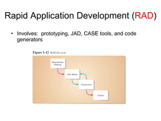 Rapid Application Development ( RAD ) Involves:  prototyping, JAD, CASE tools, and code generators 