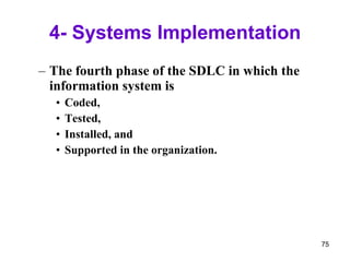 4- Systems Implementation The fourth phase of the SDLC in which the information system is  Coded,  Tested,  Installed, and  Supported in the organization.  
