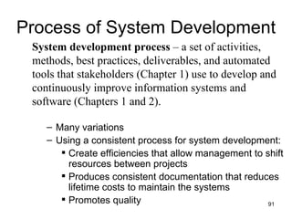 Process of System Development System development process  – a set of activities, methods, best practices, deliverables, and automated tools that stakeholders (Chapter 1) use to develop and continuously improve information systems and software (Chapters 1 and 2). Many variations Using a consistent process for system development: Create efficiencies that allow management to shift resources between projects Produces consistent documentation that reduces lifetime costs to maintain the systems Promotes quality 