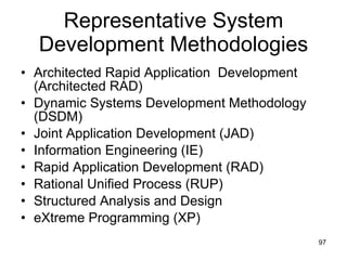 Representative System Development Methodologies Architected Rapid Application  Development (Architected RAD) Dynamic Systems Development Methodology (DSDM) Joint Application Development (JAD) Information Engineering (IE) Rapid Application Development (RAD) Rational Unified Process (RUP) Structured Analysis and Design eXtreme Programming (XP) 