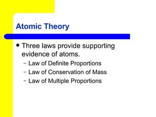 Atomic Theory Three laws provide supporting evidence of atoms. Law of Definite Proportions Law of Conservation of Mass Law of Multiple Proportions 