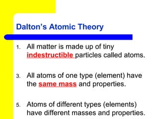Dalton’s Atomic Theory All matter is made up of tiny  indestructible  particles called atoms. All atoms of one type (element) have the  same mass  and properties. Atoms of different types (elements) have different masses and properties. 